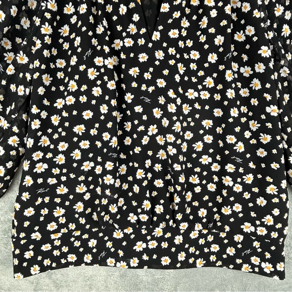 Karl Lagerfeld Black Floral Blouson Top Women Large Split V-Neck 3/4 Puff Sleeve - Picture 5 of 16